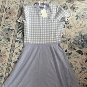1901 ruffle neck blue gingham sweater dress